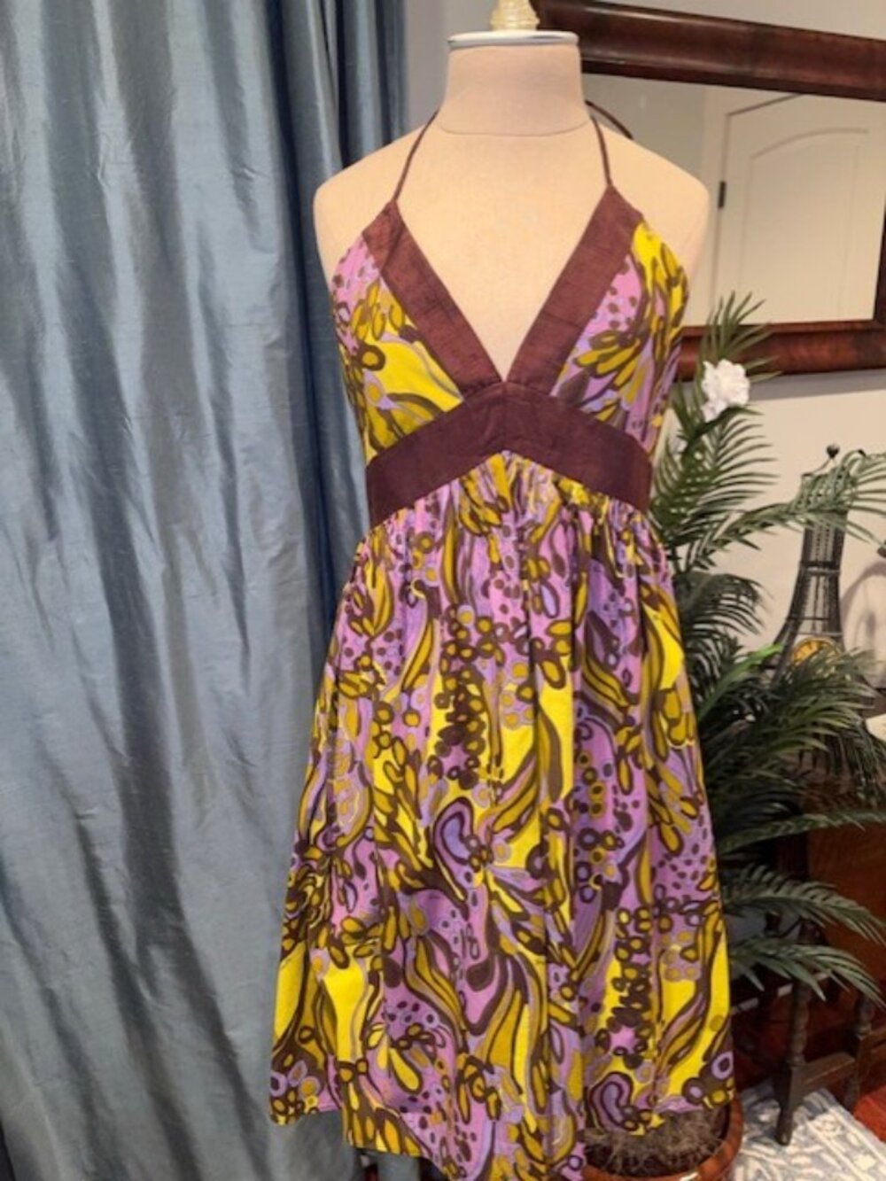 Vintage 70s MILLY New York Halter Psychedelic Colors DRESS Backless Sexy Size 6